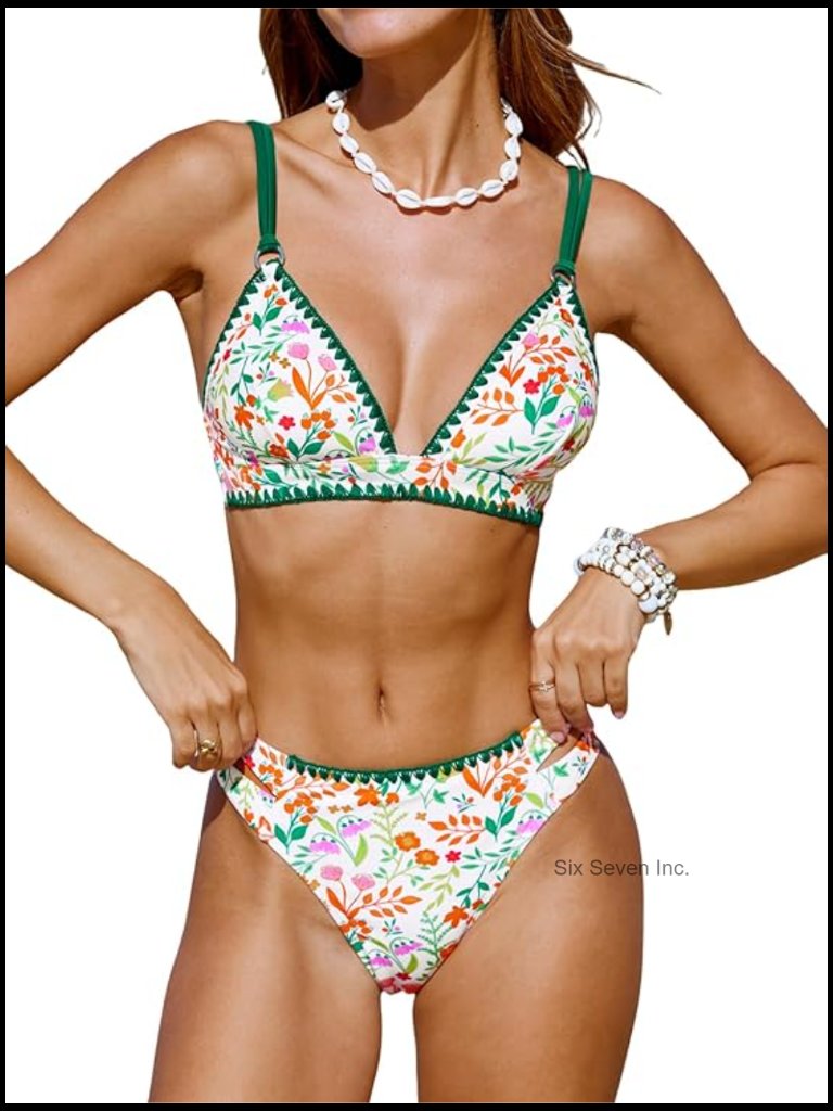 Cupshe Two Piece Bikini Set V Neck Side Cutout Back Hook Adjustable Straps